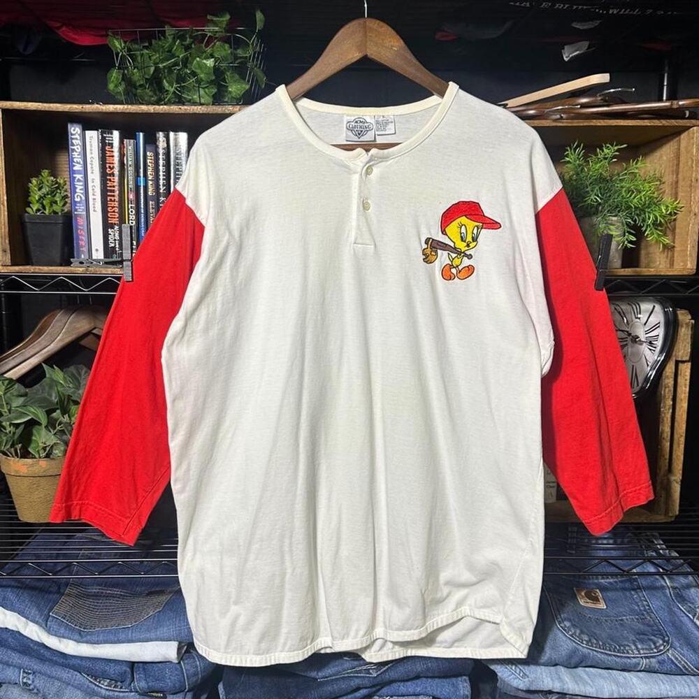 Vintage 90s Looney Tunes Tweety Tee Shirt White 3/4 Sleeves Cartoon Henley Large